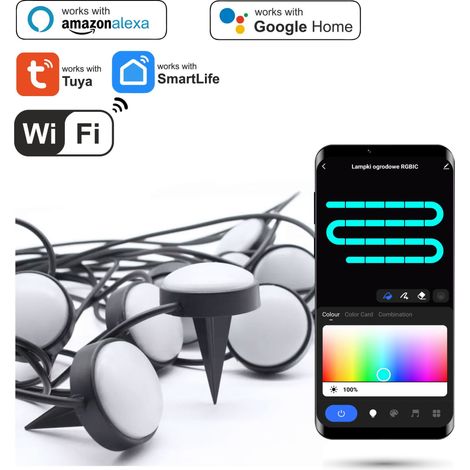 Luces de jardín Tuya RGBIC Wifi de 15 m de diámetro, clavadas en el suelo. (1/5)