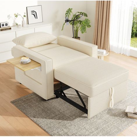 Canapé convertible 1 place velours côtelé beige OKMYHOME (1/5)