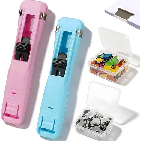 Lot De 2 Agrafeuses Portables Pour Dossiers, 100 Trombones Réutilisables Inclus, Agrafeuse Sans Agrafes, Agrafeuse A Bouton-Poussoir, Idéale Pour La Maison, L'école, Le Bureau (Rose + Bleu clair) (1/5)