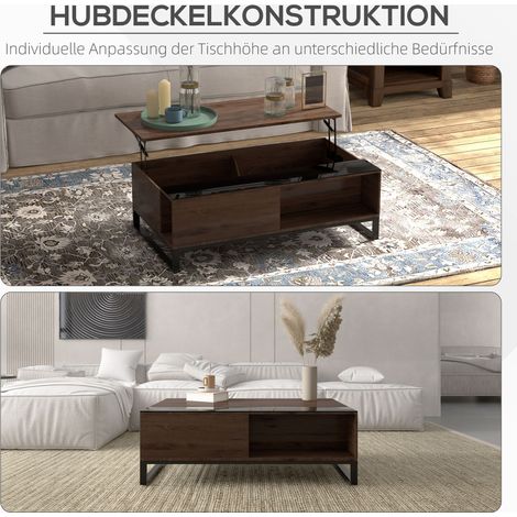 Table latérale réglable en hauteur avec système de levage, niche de rangement cachée, finition noyer, piètement en métal, 102 x 58 x 35,5 cm (1/4)