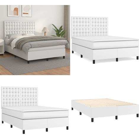 Sommier à lattes de lit avec matelas Blanc 140x200cm Similicuir - Lit Plateforme - Lit Double - Literie - Matelas Ressort Ensache - Tête De Lit Ajustable - Home & Living (1/5)