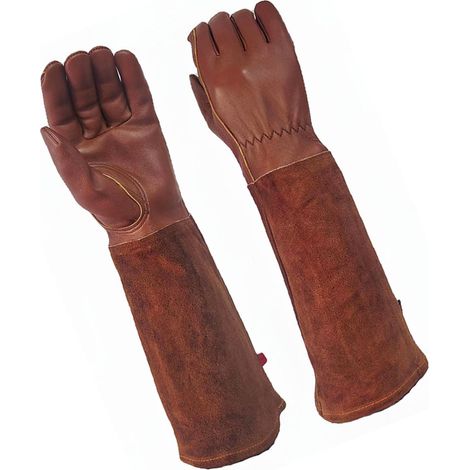 Gants de jardinage à manchettes longues en cuir de vache respirants anti-épines pour taille de rosiers travaux de jardin couleur café XL (1/5)