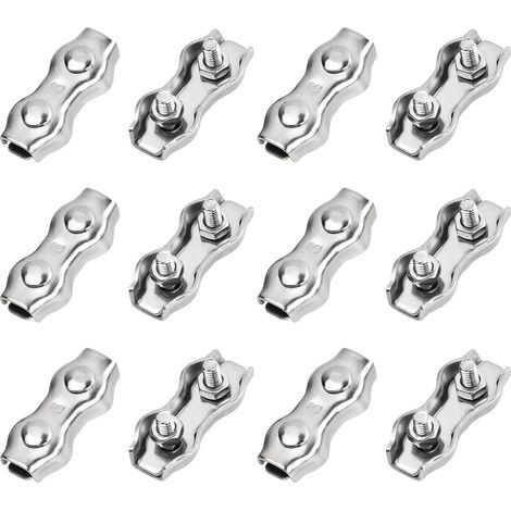 12 Pièces Serre Cable Acier Inox, M3 Pinces de Câble, Câble Métallique en Acier Double Pince, Pince de Fixation de Câble pour Fixation Corde a Linge Filin Tondeuse Cable Acier 3mm (1/5)