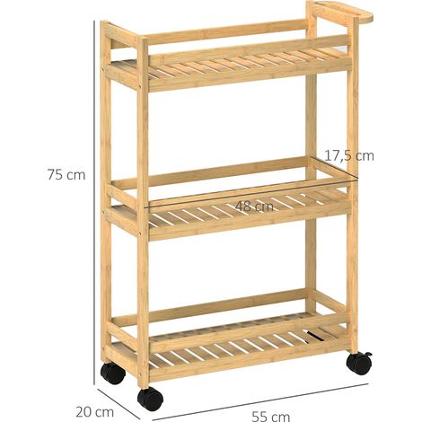 Chariot de service, 3 niveaux, étagères à lattes, protection anti-chute, bambou, 55 x 20 x 75 cm (1/5)