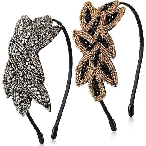 EASYCOMFORT 2 Pièces Bandeaux Flapper Serre-Tête des Années 20 Serre-Tête de Feuille Vintage Perlé Bandeaux des Années 1920 Accessoires de Cheveux Rétro pour 1920 Fête Costumée (Argent, Noir-Or) (1/5)