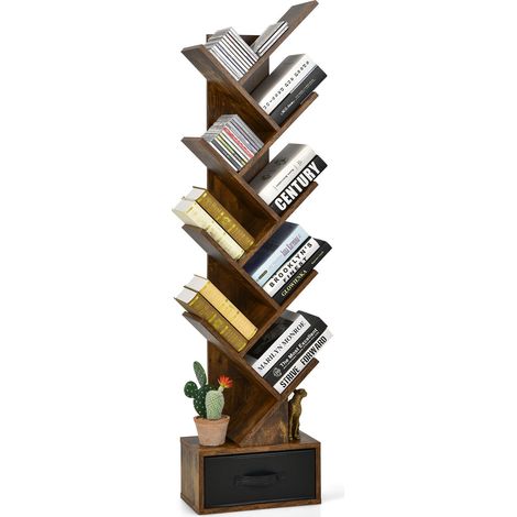 Tree Bookshelf 59” Narrow Free-standing Bookcase Storage Organizer-Coffee (1/5)