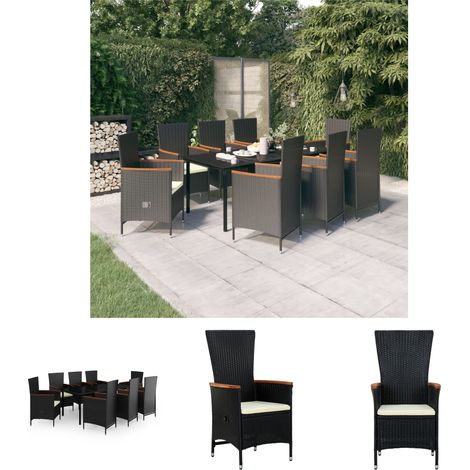 Gartenstühle - vidaXL 9-tlg. Garten-Essgruppe mit Kissen Schwarz - Gartenstuhl (1/5)