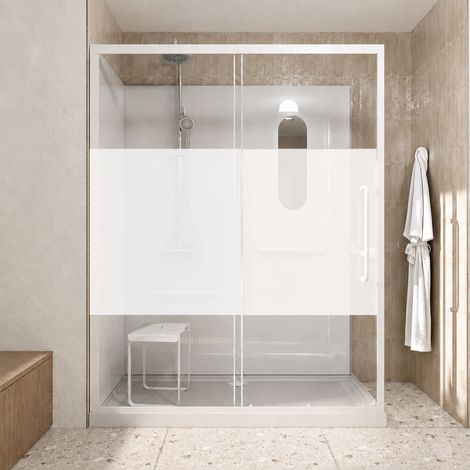 cabine de douche blanche, sécurisée et accessible à tous 160x85x220cm - bande dépolie (1/5)