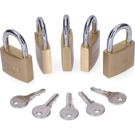 EDM – Pack de 5 cadenas en laiton 40x23mm – Clé unique pour tous – Résistant à la corrosion – Sécurité pour casiers et portails