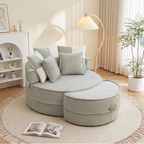 Fauteuil rond avec ottomane, 5 coussins, chenille vert menthe, 163 x 121 x 66 cm (1/5)