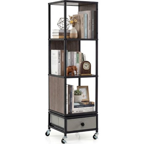 Bibliothèque grise rotative à 4 niveaux sur roulettes avec tiroir en tissu et rotation à 360 pour salon bureau et chambre (1/4)