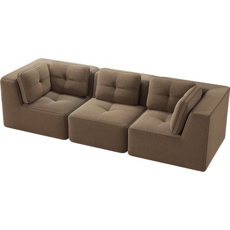Canapé sectionnel sans cadre, canapé d’angle modulaire, canapé confortable en velours côtelé, canapé trois places à assise profonde pour le salon, aucun montage requis, marron