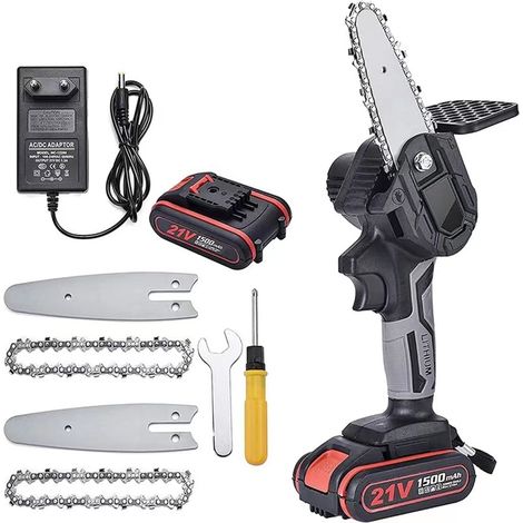 Mini tronçonneuse sans fil 4 pouces 21 V puissante 6 m/s 1 batterie 2 chaînes 2 guides (1/5)