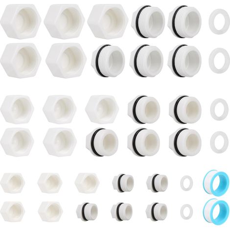 30 Pièces Bouchon Plomberie Set, 3/4", 1" et 5/4" Bouchon Plastique Réutilisable, Filetage Intérieurs et Extérieurs, avec 21 Joints en Caoutchouc et 2 Rubans d'étanchéité (1/5)