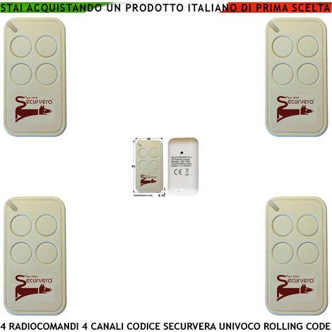 Radiocomando 4 Telecomandi Frequenza di Trasmissione 433,92 MHz 4 canali Potenza 1 mW Una Codifica di Sicurezza Univoca Securvera Led Segnalazione Funzione (1/3)