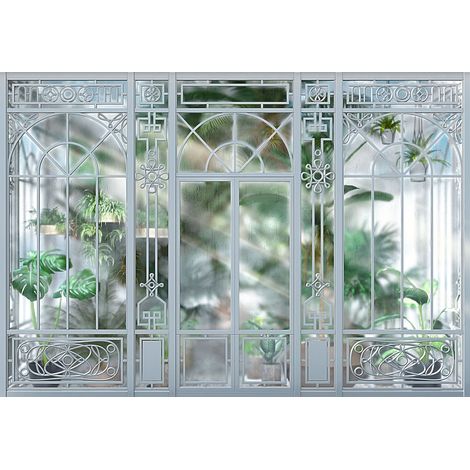 Papier peint panoramique jardin gris et vert – Dimensions 368x254 cm – 8 panneaux de 92x127 cm – Écologique certifié FSC – Komar (1/2)