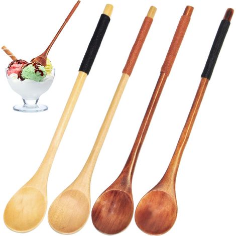 Natural Wooden Spoon, Multifunctional Long Handle Coffee Spoon for Tea Honey Soup Spoon Kitchen Accessories (1/5)