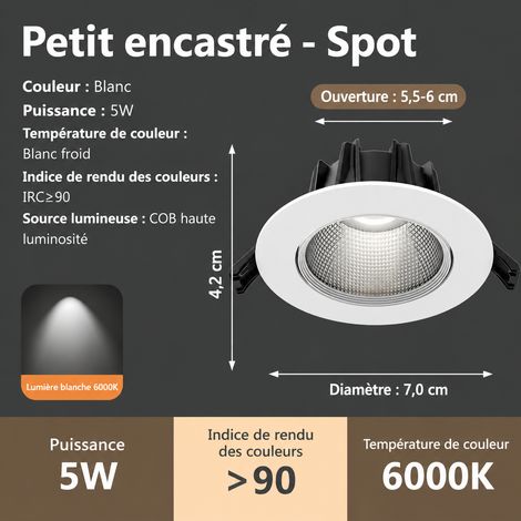 Spot LED Encastrable Plafond COB 5W Lumière Blanche Anti-Éblouissement 5w 5.5-6cm réf 3237 200 g – Livraison gratuite