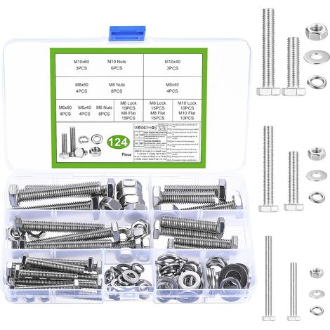 124 Pcs Boulons M6 M8 M10, Boulons et écrous, Vis à Tête Hexagonale et écrous avec Rondelles élastiques et Plates, Vis à Six Mécaniques en Acier Inoxydable pour Meubles Voitures Vélos (1/5)