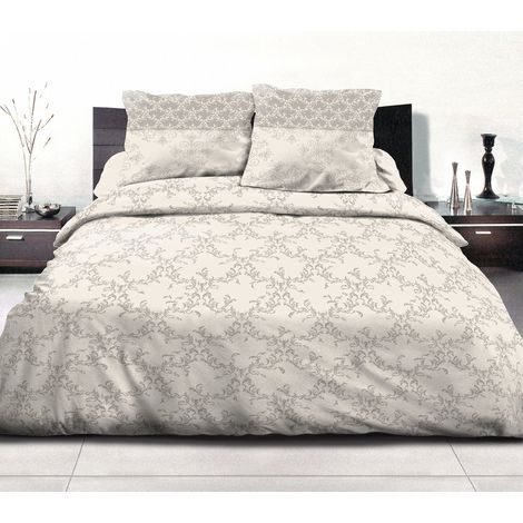 Housse de Couette - 3 Pièces 100% Coton - 57 Fils 2 Personnes - 220x240 cm Frise - Beige