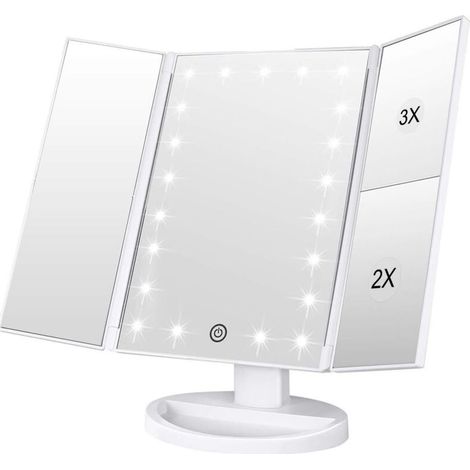 SABIR Miroir de Maquillage, 1x / 2X / 3X Miroir de Maquillage à Trois Volets avec 21 lumières LED et Miroir réglable à écran Tactile Miroirs de comptoir cosmétiques (Blanc) (1/5)
