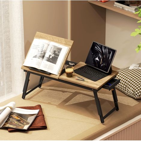 Table de lit pliable en bambou réglable en hauteur avec tiroir et support inclinable pour ordinateur, effet chêne (1/5)