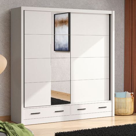 Garderobe 2 Türen Copala, Schlafzimmer-Schrank mit 4 Regalen, Kleiderstange, 2 Schubladen, 205x216h cm Cremeweiß (1/5)