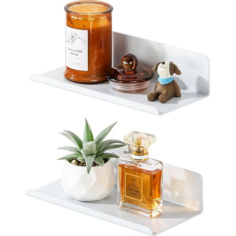 Lot de 2 Etagere Murale sans Percage Salle de Bain, Etagere Murale sans Vis Tablettes Flottantes Adhésif de Décoration, Tablette Rangement pour Cuisine, Salon, Chambre, 20CM Blanc (1/5)