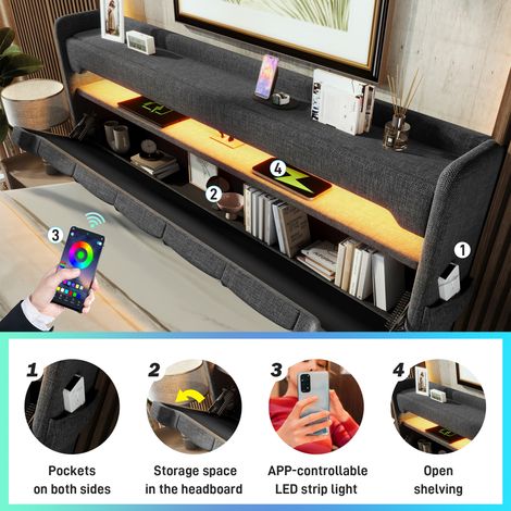 Lit individuel de 90×200 cm. Espace de rangement à la tête du lit, avec ports USB et Type C. Couleur gris. Matériau : lin (sans matelas). (1/5)