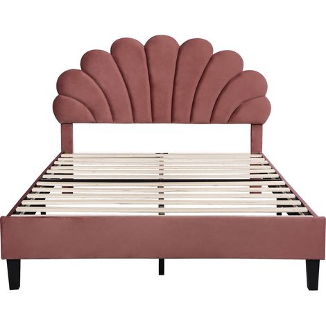 Letto matrimoniale imbottito 140 x 200 cm in velluto rosso bordeaux con testiera a fiore (1/5)