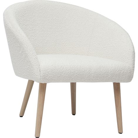 Sessel mit weißem Stoffbezug mit Bouclé-Wolleffekt und hellen Holzbeinen OLIVIA