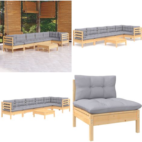 7-tlg. Garten-Lounge-Set mit Grauen Kissen Kiefernholz - Gartensessel - Lounge Set - Gartenmöbel - Outdoor Möbel - Rattan Sessel - Home & Living (1/5)