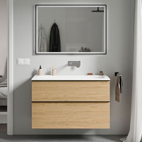 Unterschrank Bernstein LAVOA 100 cm mit Mineralguss Waschbecken CREAM - Griff Schwarz matt, Badmöbelfarbe Eiche Honiggold, Waschbecken Weiß matt ohne Hahnloch