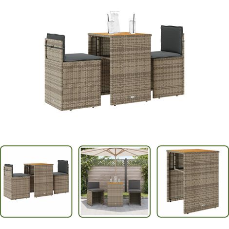 vidaXL Mobilier extérieur - Ensemble de bistro 3 pcs avec coussins gris résine tressée (1/5)