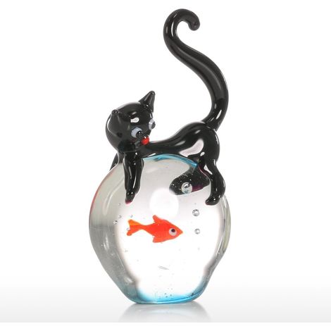 Chat et poisson rouge en verre soufflé, duo animalier artistique comme cadeau ou décoration maison (1/4)