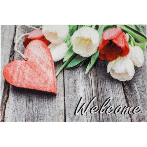 Tappetino da interno, Deco Print, 40 x 60 cm, 100% poliamide, Fiori Cuore Welcome