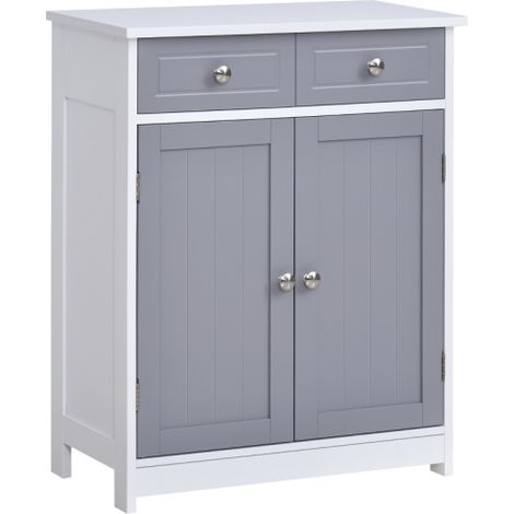 75x60cm Freestanding Bathroom Storage Cabinet with 2 Drawers, Adjustable Shelf, Metal Handles, Traditional Grey and White Design for Home Organization