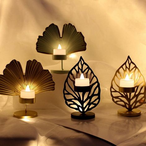 Support À Bougie - Forme De Feuille En Métal - Pour Décoration Intérieure Et Dîner Aux Chandeliers - Lot De 4 (1/5)