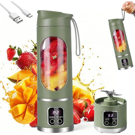 Mixeur portable à emporter 450 ml, avec écran LED, 12 lames, petit mixeur pour shakes et smoothies, rechargeable, mini blender pour voyage, extérieur, vert olive (1/5)
