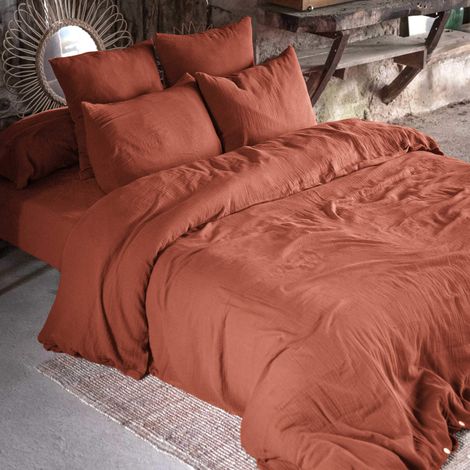 Parure de lit 140x200 double gaze de coton orange terracotta Terre de Nuit (1/4)
