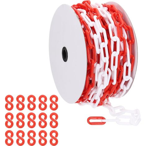 Chaîne plastique rouge/blanc, 72 pieds 8mm Chaîne barrière sécurité plastique pour le contrôle foule, le stationnement, clôture, décoration chantier construction (1/5)