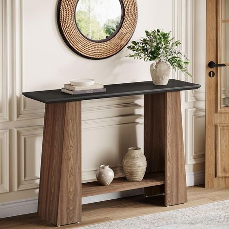 Tribesigns Table Console, 120 cm Mid-Century Modern Table Étroite à 2 Niveaux en Bois pour Derrière Canapé avec Étagère de Rangement pour Salon, Couloir, Vestibule, Petits Espaces, Noir & Noyer