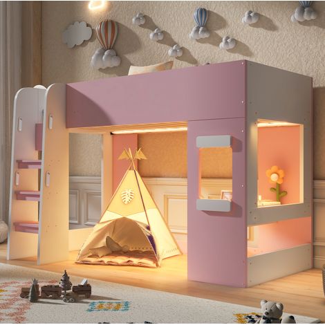 Cama alta multifunción 203.8x93.6x139 cm, con luz LED, escritorio pequeño, escalera con barandillas, MDF, rosa (1/5)