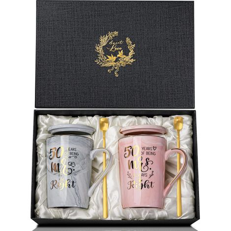 Goldene Hochzeitstagstassen aus Keramik – 2er-Set – Rosa-grauer Marmor – „Mr. Right Mrs. Always Right“ – Geschenk zum Hochzeitstag – 414 ml (1/5)