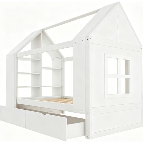 Kinderbett 90 x 200 cm Hausdesign mit 2 Schubladen, LED und Stauraum, weiß (1/5)