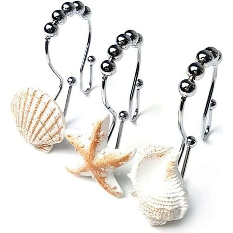 Rostbeständiger Duschvorhanghaken im maritimen Stil, Duschvorhangring aus Edelstahl mit 5 Gleitrollen für Bad und Dusche, 12er-Haken-Set (1/3)