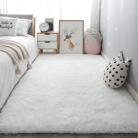 Tapis de salon chambre blanc, tapis de chambre en daim de 160 × 200 cm de long, tapis de chevet doux (1/5)