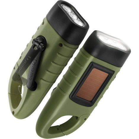 Set of 2 Solar Powered Rechargeable Hand Crank LED Flashlights with Quick Release Carabiner Dynamo for Outdoor Sports - Green - LIAIKI (1/5)