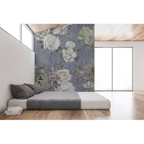 Papier peint panoramique original pour chambre Tapisserie panoramique élégant motif floral Papier peint panoramique nature bleu idéal pour bureau (1/3)