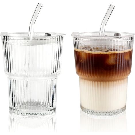Lot de 2 gobelets de 400 ml avec couvercle et paille - Verres à matcha avec paille et couvercle - Pour cappuccino, latte, thé, glace, thé glacé, lait et jus (1/5)